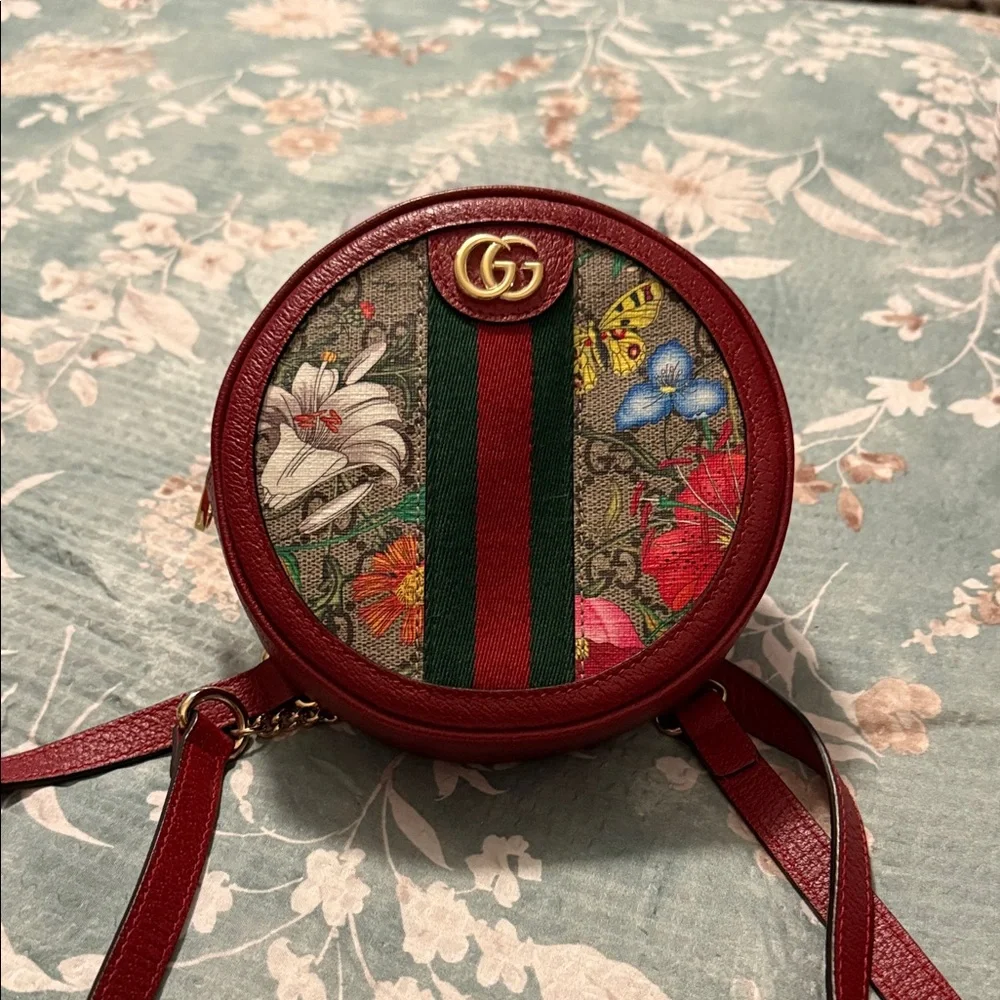 Gucci Mini Red Floral Round with Web Stripe Backpack w/Gucci Dust Bag - Picture 4 of 7